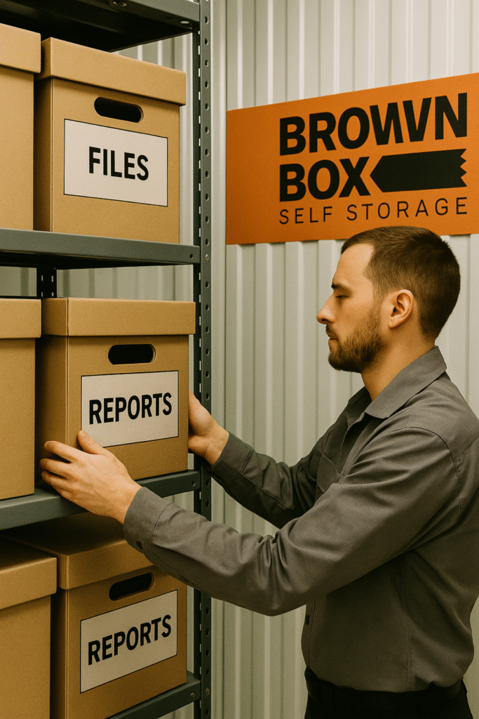 man storing archive boxes at brown box