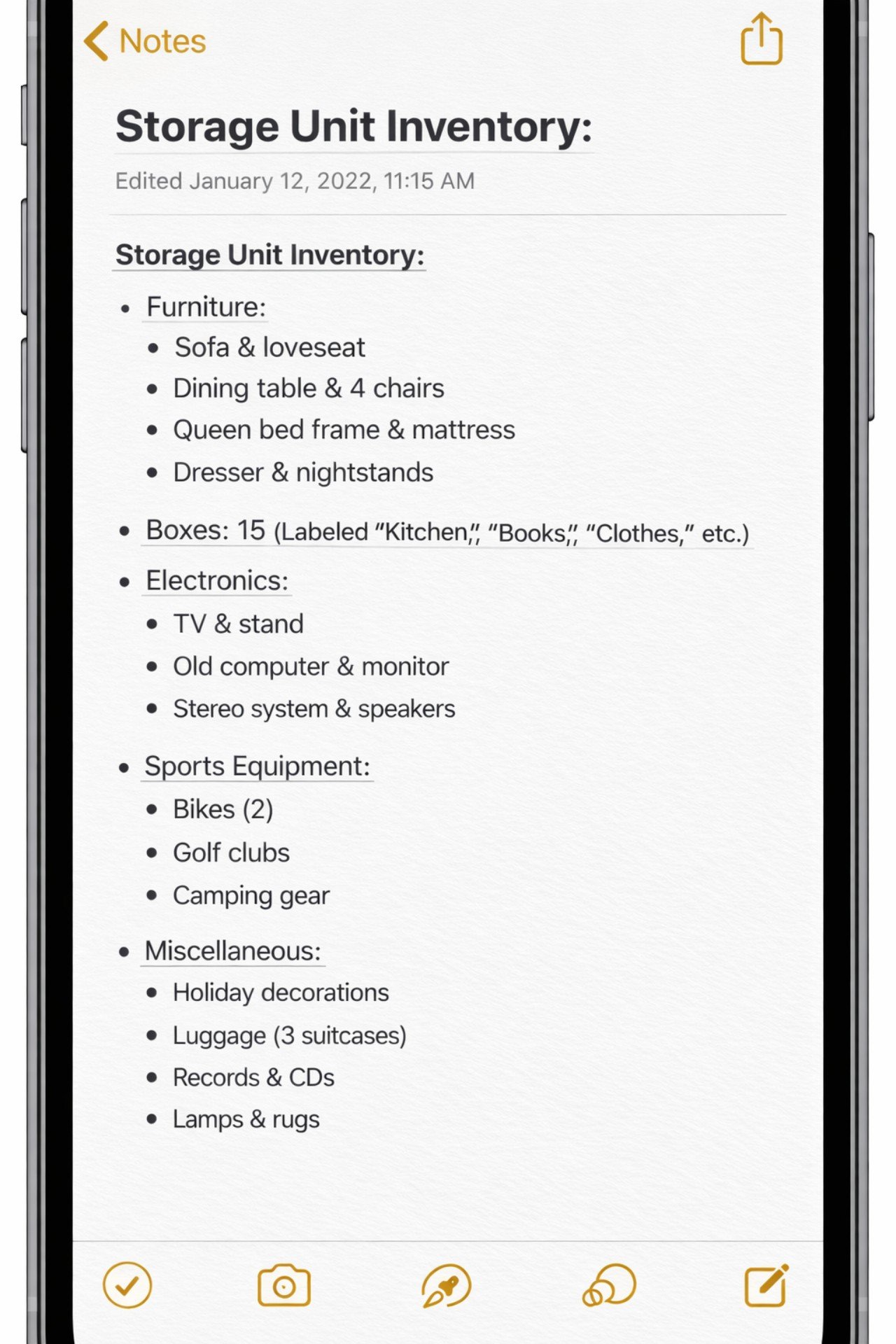storage inventory list on phone