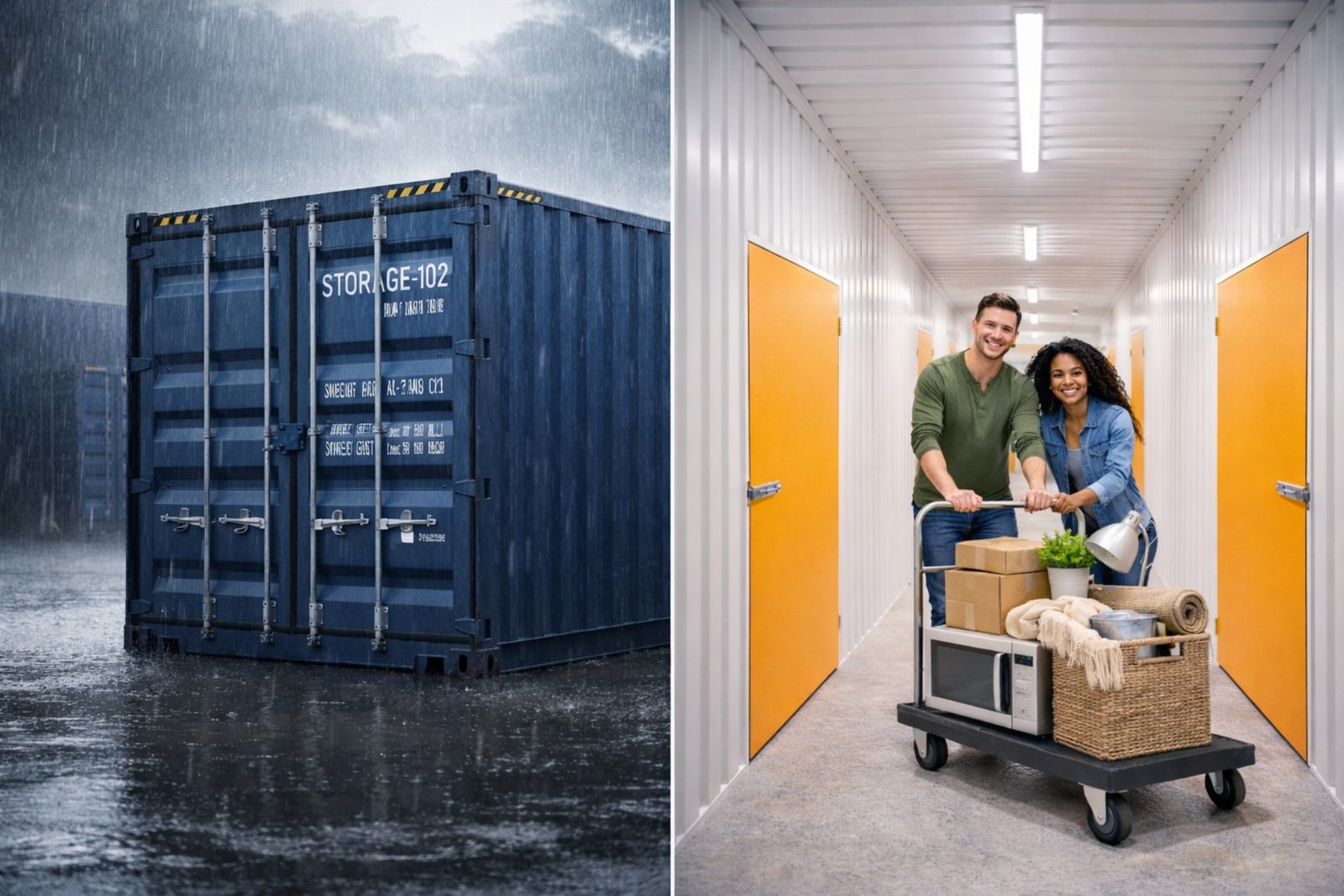 shipping conatiner in the rain vs clean dry well lit brown box internal storage