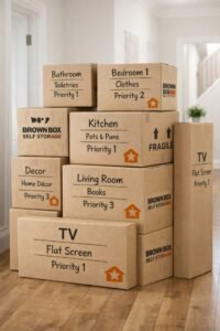 Stack of boxes in hallway ready for moving
