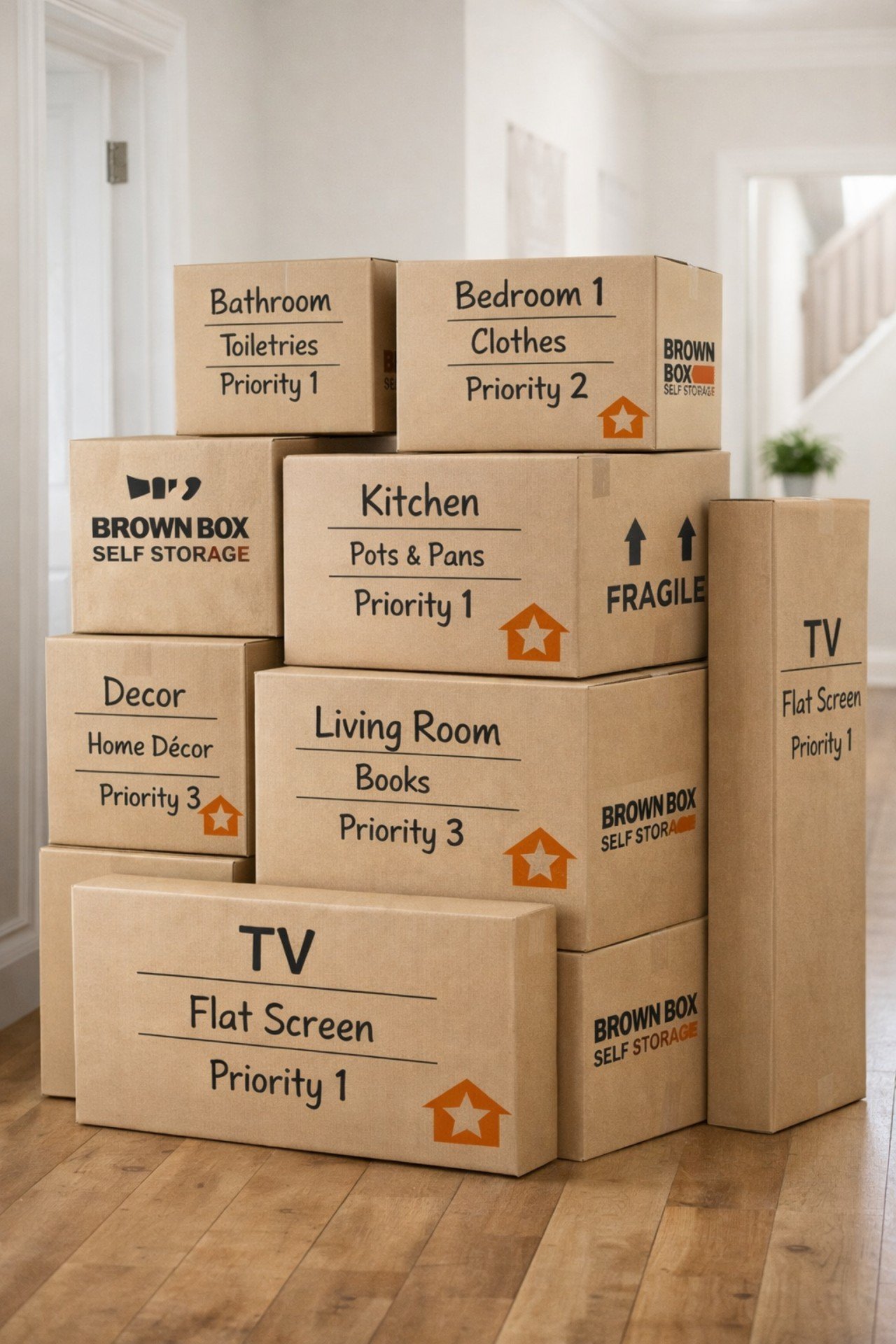 Stack of boxes in hallway ready for moving