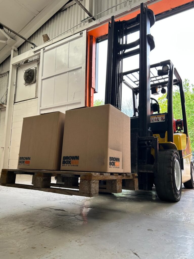 brown box storage forklift and brown box boxes on pallet